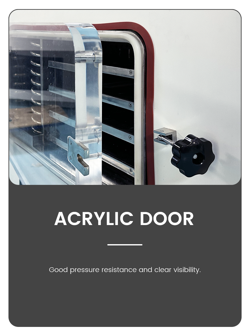 Detail of an acrylic chamber door on a vacuum lyophilizer, emphasizing its excellent pressure resistance and clear visibility for monitoring the freeze-drying process.